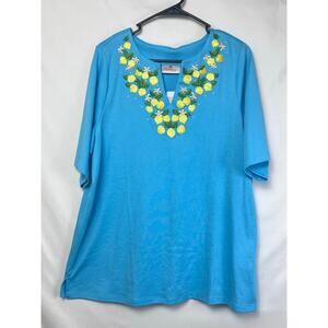 NWT Quacker Factory Womens 1X Blue Embroidered Short Sleeve Knit Summer Blouse